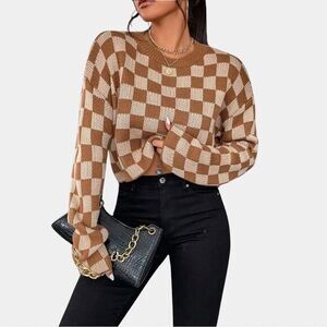 Checkered Pattern Drop Shoulder Sweater